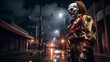 High contrast image of a scary clown in the middle of an inhospitable street