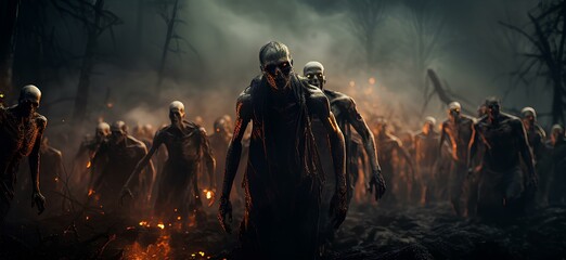 Fototapeta apocalypse fantasy scene hroup of zombie walking. halloween concept