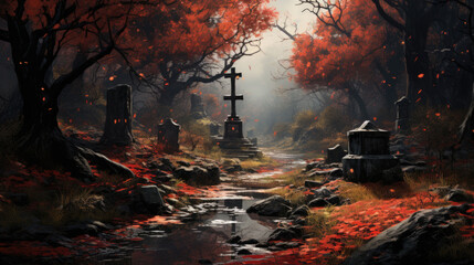 Wall Mural - a spooky graveyard in autumn with red trees. halloween concept