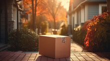 Parcel Delivered And Left At The Front Door On Porch. Box Against Autumn Background.