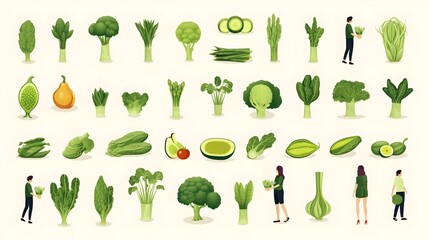 Various green fruits and vegetables isolated icons illustrations set