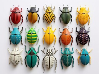 Sticker - A group of colorful bugs sitting on top of a white surface. Generative AI.