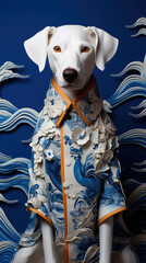 Canvas Print - Fashion photo. A white dog wearing a blue and orange shirt. Generative AI.