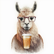 Illustration Of A Llama Or Alpaca Drinking A Pumpkin Spice Latte Coffee To Go During Fall Season.