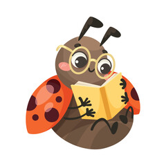 Poster - Cute Ladybug Character with Spotted Wings Reading Book Vector Illustration