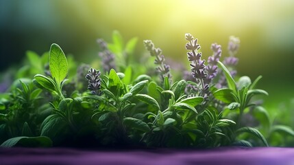 Wall Mural - Close up green fresh aromatic herbs background. Organic macro.