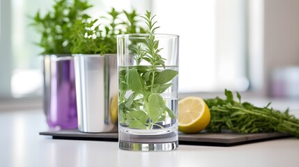 Wall Mural - Green aromatic herbs in a glass. Minimal background.