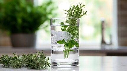 Wall Mural - Green aromatic herbs in a glass. Minimal background.