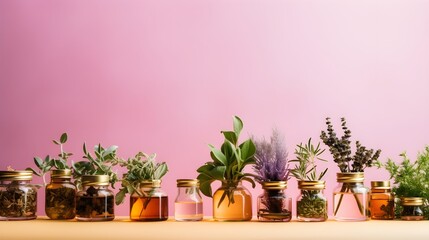 Wall Mural - Green aromatic herbs in glasses. Minimal background.