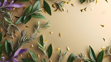 Wall Mural - Green aromatic herbs and blossom flowers. Summer background with copy space.