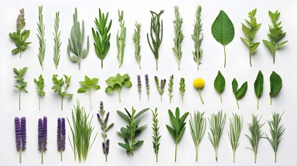 Wall Mural - Green aromatic herbs photo realistic flat lay pattern background.