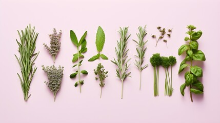 Wall Mural - Green aromatic herbs photo realistic flat lay pattern background.