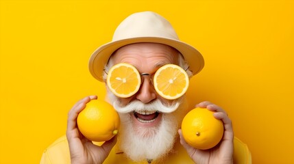 Funny concept of a person with oranges. Healthy vegan eating background