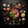 Korean food ingredients on black background. Top view, flat lay