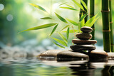 Fototapeta Sypialnia - States of mind, meditation, feng shui, relaxation, nature, zen concept. Bamboo, rocks and water background with copy space. Nature illuminated with sunlight. Generative AI
