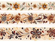 Set Of Three Floral Boho Decorative Borders With Flowers And Leaves. AI Decorative Borders.