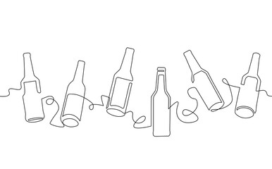 Wall Mural - Bottles with differrent drinks isolated on white backgroud. Continuous line drawing art. Vector pattern that repeats horizontally. Can be yoused as a wall poster, print, sticker, element of banner.
