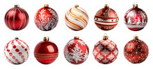 Decorative Christmas Bauble Ball, Red Shiny Collection On Transparent Background Cutout. PNG File. Many Assorted Different Flavour. Mockup Template For Artwork Design