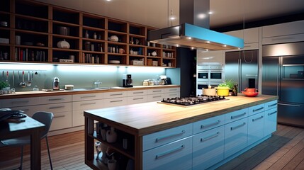 Modern minimalist kitchen , close up shot, beige cabinets floor to ceiling, combined with walnut wood open cabinets with led lights, floating ceiling. Natural light.