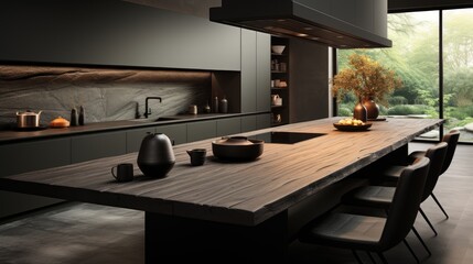 Wall Mural - Modern minimalist kitchen, close up view, luxurious interior of black minimalist kitchen with wooden table, show chairs, top in focus.