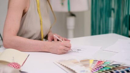 Wall Mural - cool woman dressmaker with tattoo draws clothes model on paper at desk in fashion atelier tailor creates pencil sketch of stylish outfit in sewing studio closeup