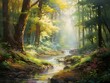 Digital painting of a river flowing through a forest during the autumn season