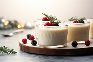 Four glasses of panna cotta pudding with berries on a tray. Fictional image.