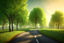  3D Scene Of Bright Green Spring Trees Along A Winding Country Road. Capture The Beauty Of The Leaves Illuminated By The Late Sun, Creating A Magical, Almost Surreal Atmospher