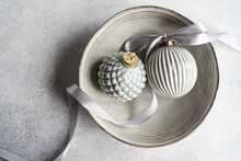Christmas Baubles On Bowl Grey