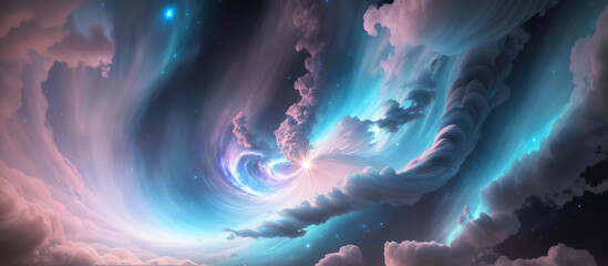 Wall Mural - a photo of a cosmic cloudscape, where ethereal clouds blend with nebulae, forming constellations of 