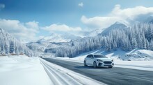 A Car Speeding Down A Snowy Road, Surrounded By A Breathtaking Winter Landscape Of Snow-covered Mountains And A Dense Forest. Emphasize The Sense Of Motion And Adventure.