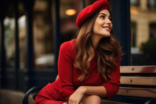 Smiling Young French Woman With A Red Beret Sitting On A Bench