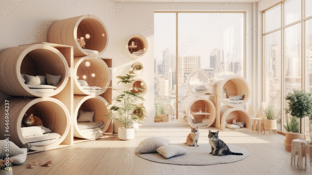 Photo Stock two content cats inside a stylish wooden cat house set in a ...