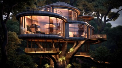 Wall Mural - The ultra luxurious treehouse in the forest. Generative AI image AIG30.