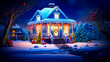 Christmas scene with blue house with wreath on the front door.