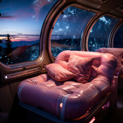 futuristic spaceship interior design with neon glow. luxury environment in a spaceship with comfort 