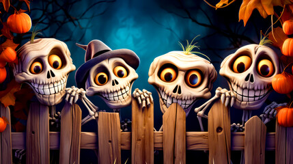 Group of skeletons standing next to wooden fence in front of full moon.