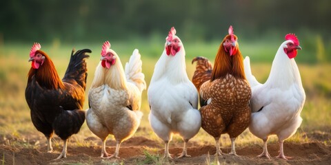 A group of chickens standing next to each other. 