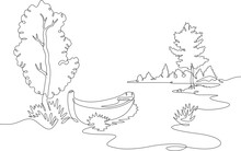 Landscape. Winding River. Boat Off The Shore. River Bank. One Continuous Line. Linear. Hand Drawn, White Background.