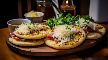 Traditional Venezuelan food, arepa with cheese and ham on table