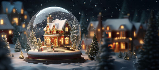 Glass snowball with house on snowy christmas background Generative AI