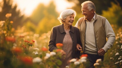 Wall Mural - A happy elderly couple in love walking in a meadow