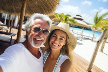 Wall Mural - Happy Old wealthy rich man posing with his gorgeous  young girlfriend at a luxurious tropical resort taking a selfie looking at the camera