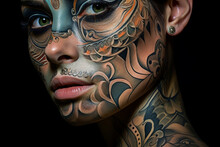Generative AI Illustration Of Young Cool Female With Tattoos And Bright Makeup Standing Against Black Background Looking At Camera