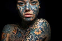 Generative AI Illustration Portrait Of Young Cool Female With Tattoos And Bright Makeup Standing Against Black Background Looking At Camera