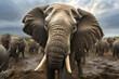 Generative AI illustration of herd of wild elephants walking on sandy ground of safari in Africa in cloudy day