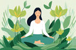 © ADDICTIVE STOCK - Generative AI illustration of calm minimalist female sitting in lotus pose and meditating against green plants mindfulness and stress relief concept