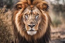 Generative AI Image Of Dangerous Powerful Lion With Fluffy Mane Looking At Camera In African Savanna