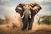Generative AI Illustration Of Elephant Walking On Sandy Ground Of Safari In Africa In Cloudy Day