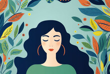 Generative AI Illustration Of Minimalist Woman With Curly Hair And Closed Eyes Standing Near Bright Leaves Against Blue Background